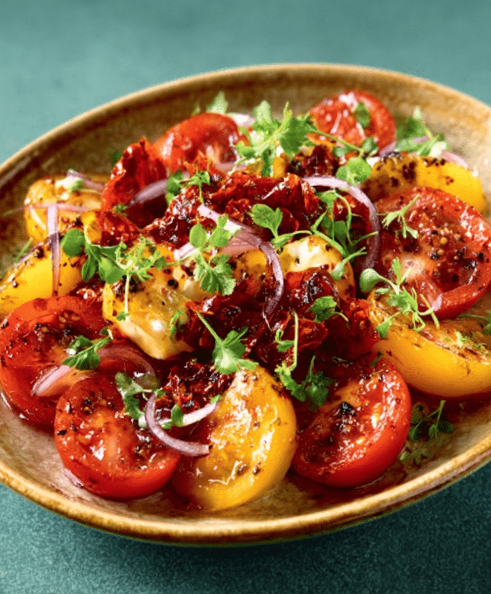 Tomato, Chilli Crisp & Crème Fraîche Salad
