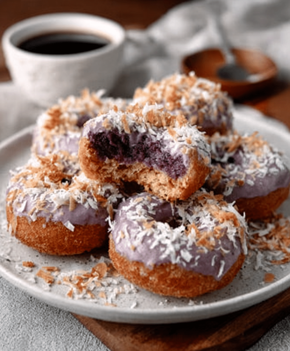 Ube Mochi Donuts with Coconut Shreds