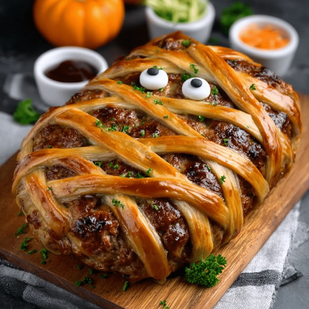Spooky Mummy Meatloaf Halloween dish