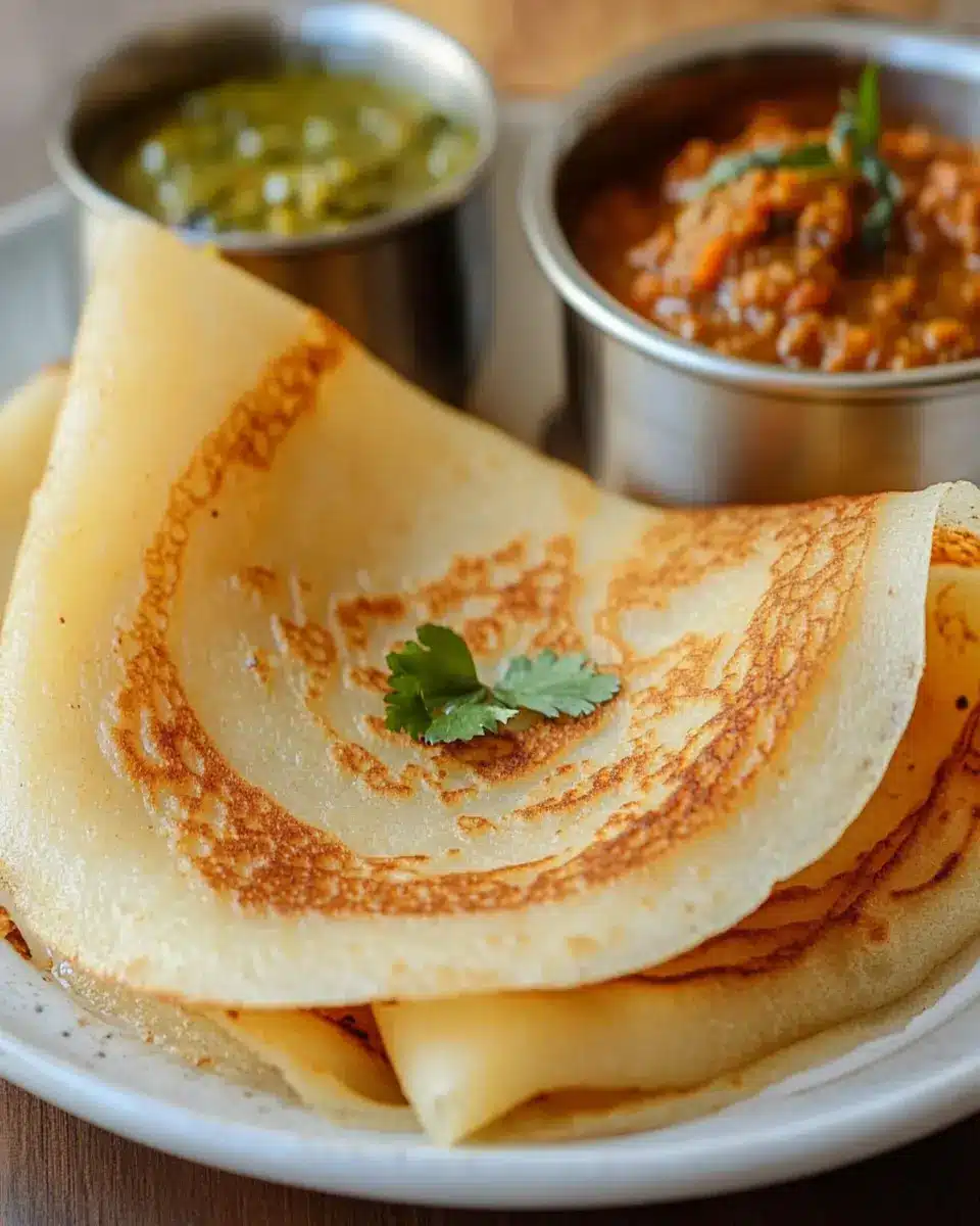 Indian Fermented Rice Crepes with Lentil Stew and Chutney First Image First Image