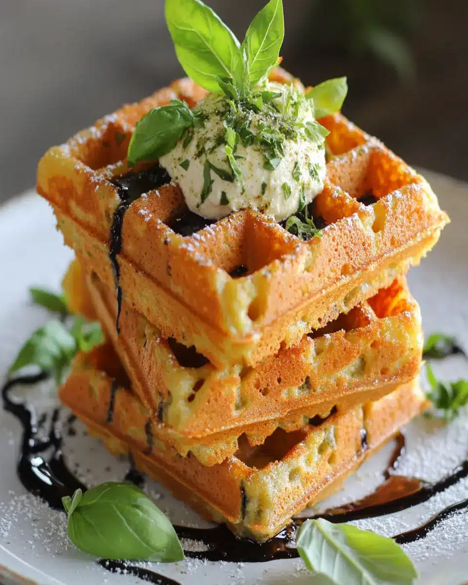 Savory Parmesan Waffle Sandwiches with Basil Ricotta Mousse First Image First Image