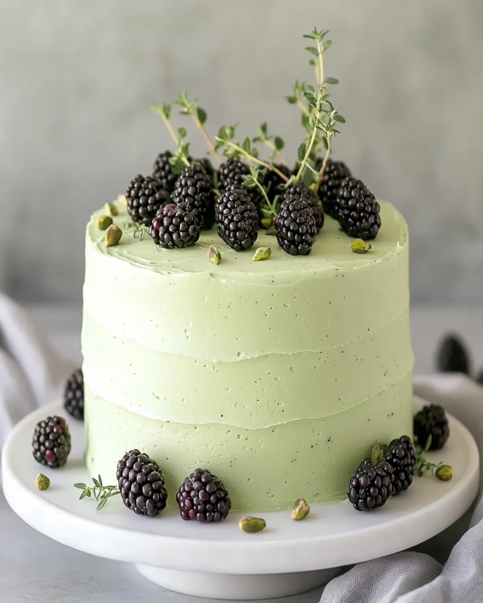 Pistachio Olive Oil Cake with Blackberry Thyme Buttercream First Image First Image