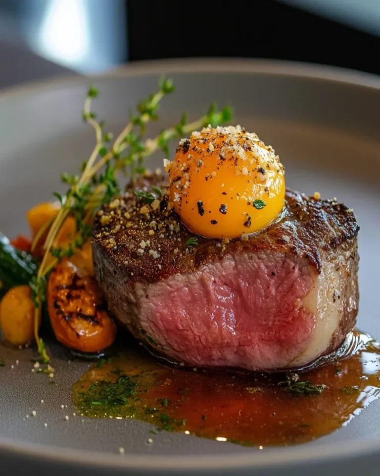 Salted Duck Egg Yolk Crumble over Steak First Image First Image